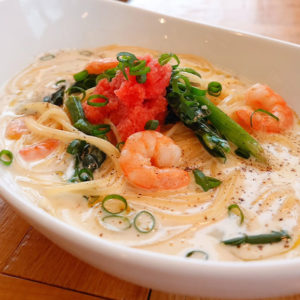 菜の花と海老、明太子のクリームスープパスタ