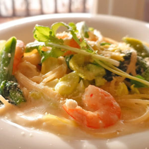 春野菜と海老のクリームスパゲッティ